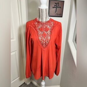 Lily White Orange Semi Shear Crochet Longsleeve Backless Hi-Low Blouse size S